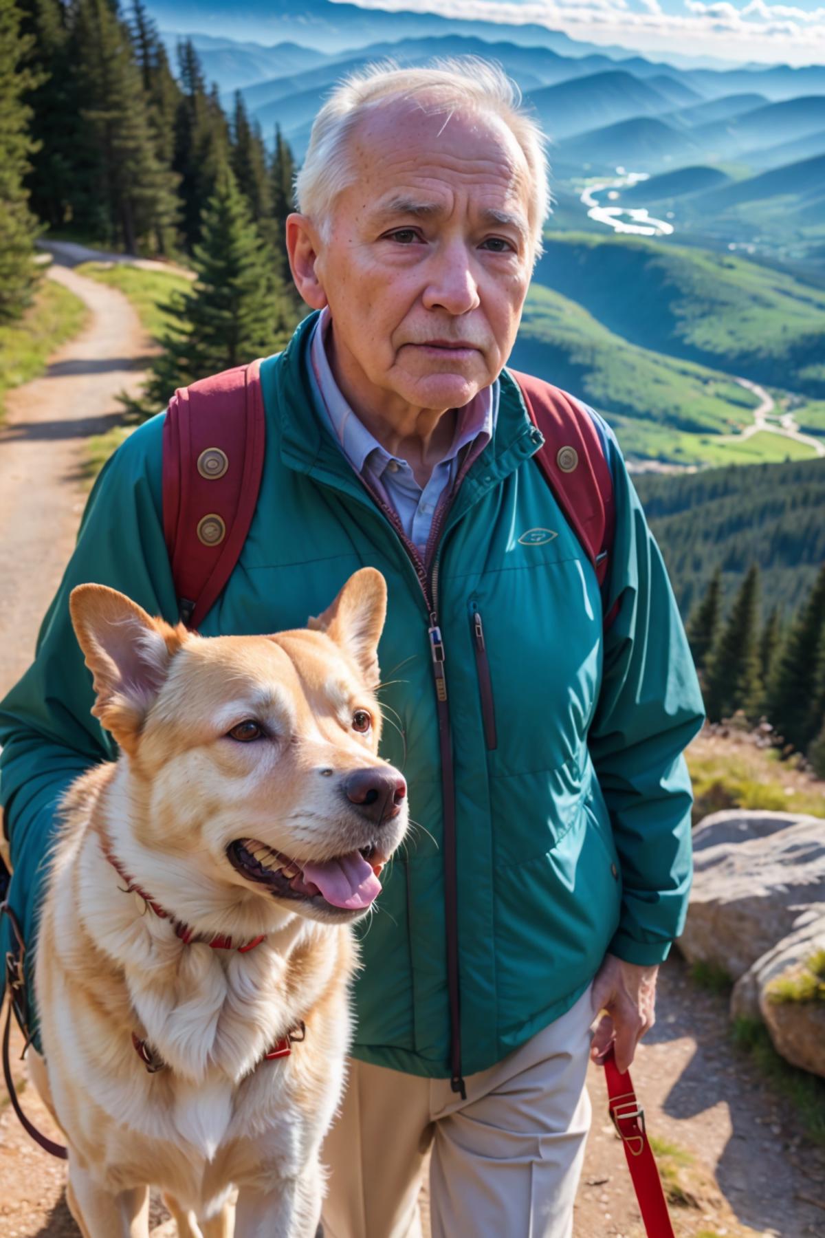 from_front facing viewer looking at viewer old man walking dog on mountain trail boots bright morning sunlight
(masterpiec...